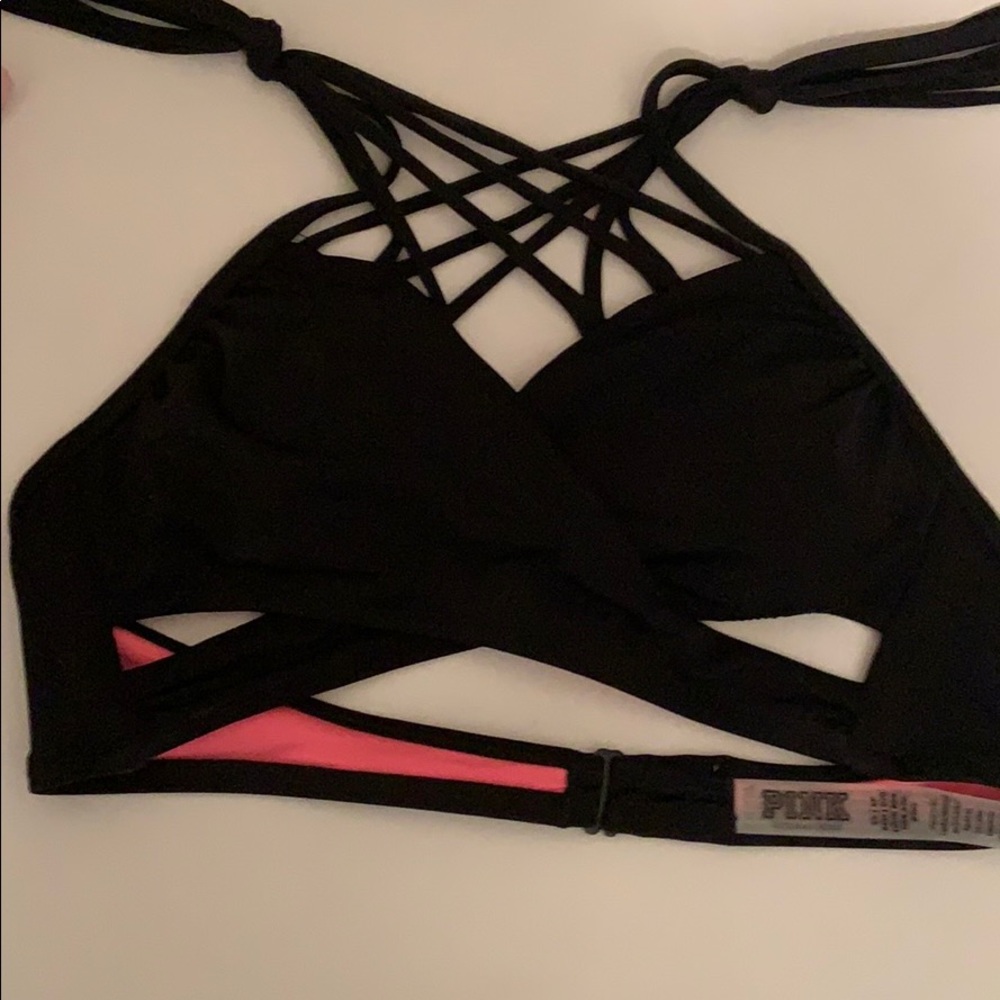 Pink Black Wrap Strappy Bikini Top